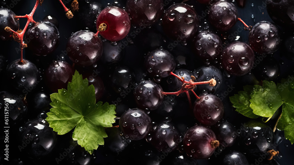 Fresh ripe blackcurrant with water drops background. Berries backdrop. Generative AI