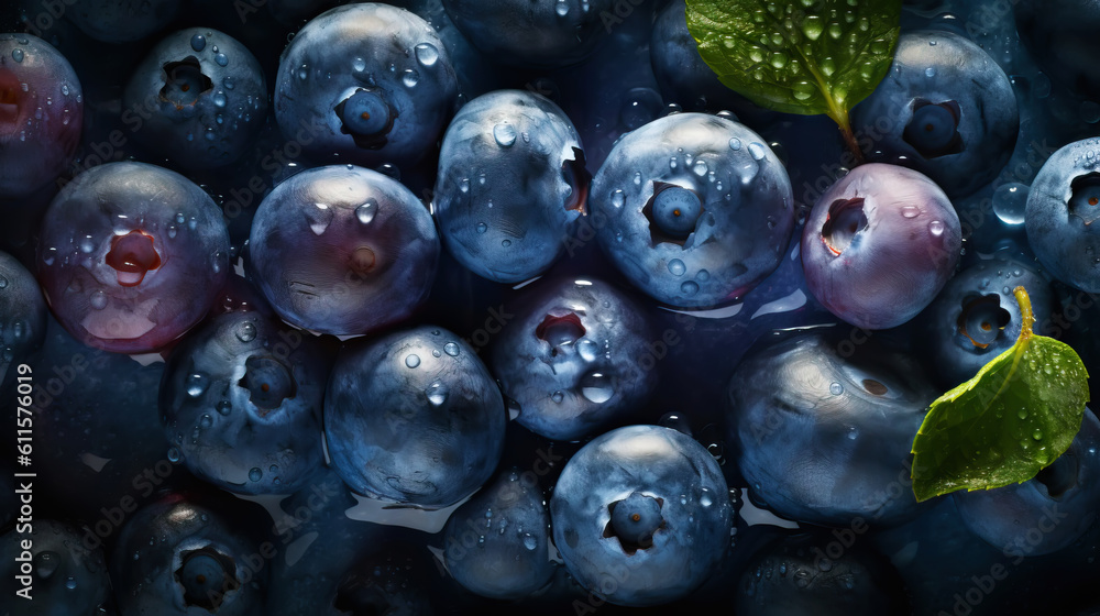 Fresh ripe blueberries with water drops background. Berries backdrop. Generative AI