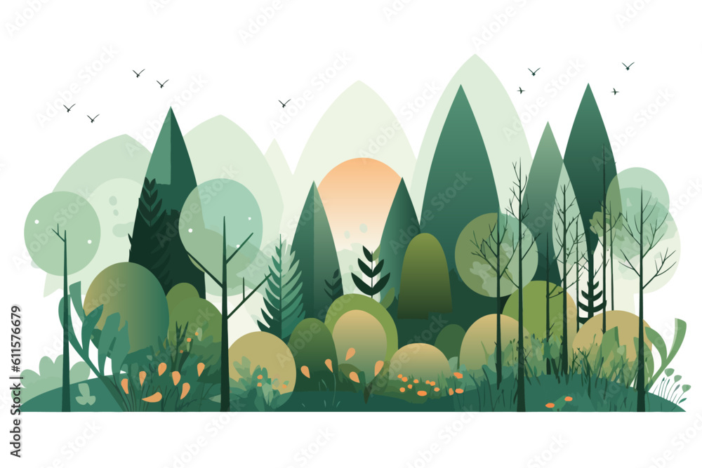 Forrest landscape with trees and grass, nature inspired vector illustration