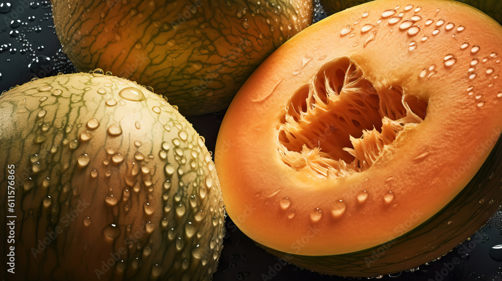 Fresh ripe cantaloupes with water drops background. Fruits backdrop. Generative AI