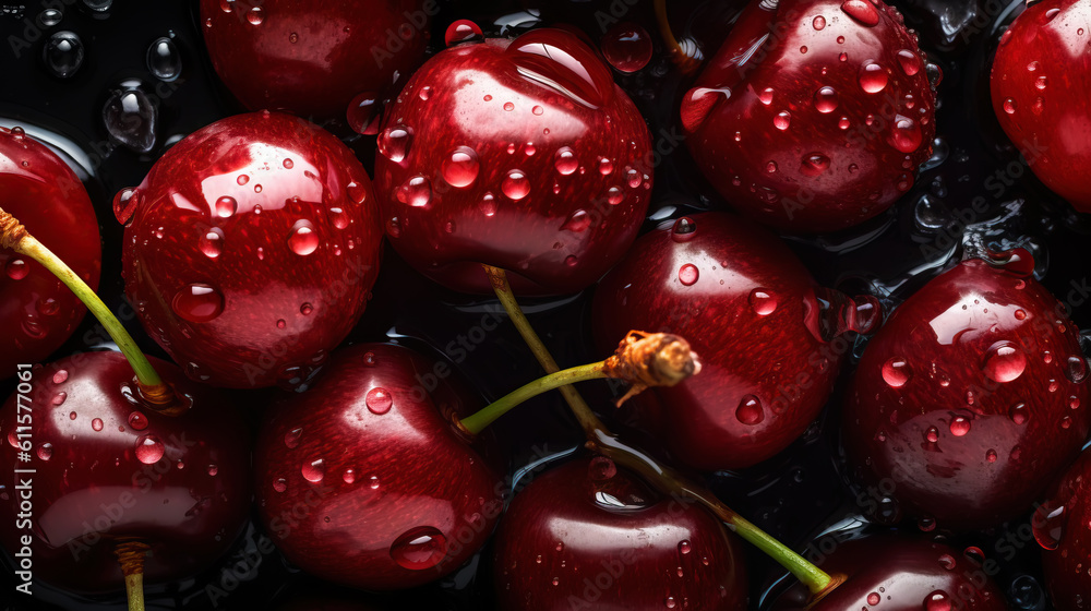 Fresh ripe cherries with water drops background. Berries backdrop. Generative AI