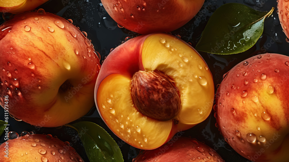 Fresh ripe peaches with water drops background. Fruits backdrop. Generative AI