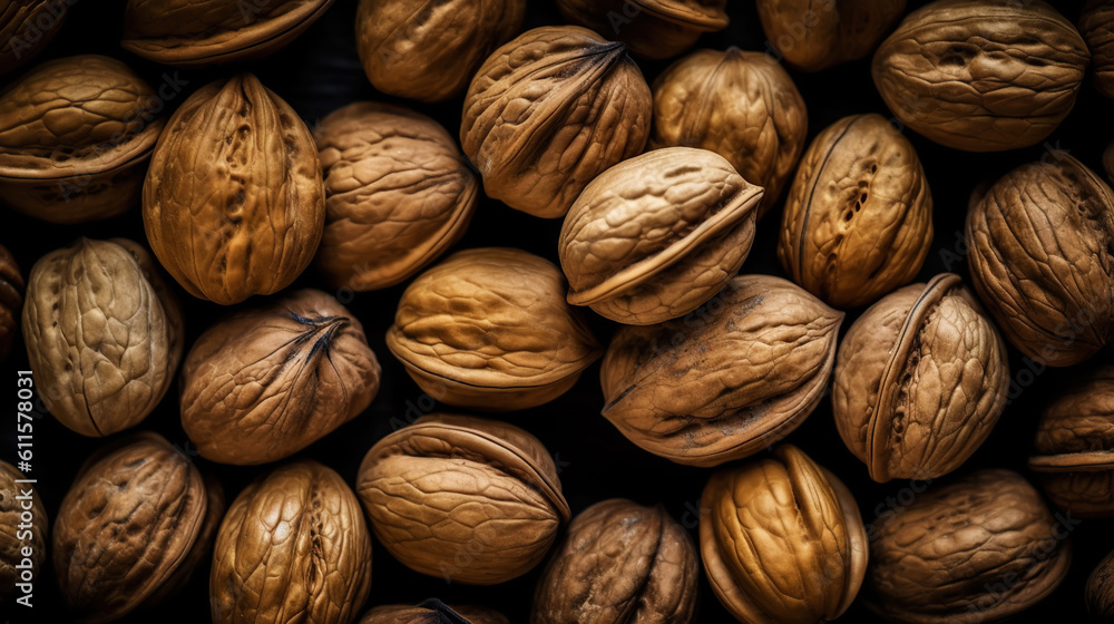 Walnuts with and without shells filling the view. Top view background of fresh walnuts. Generative A