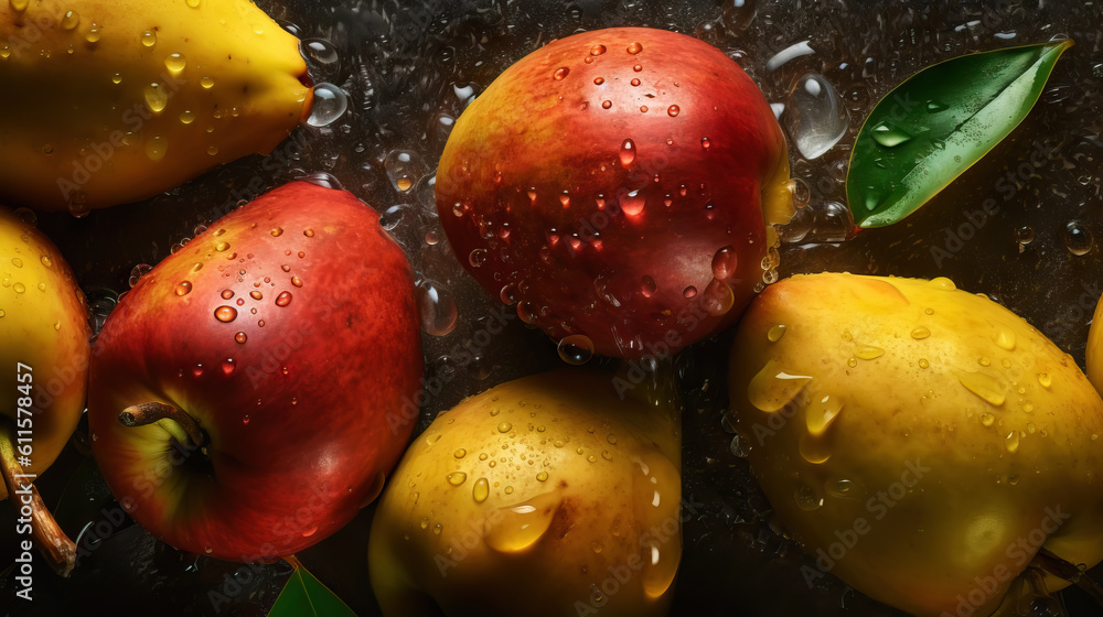 Fresh ripe mangos with water drops background. Fruits backdrop. Generative AI