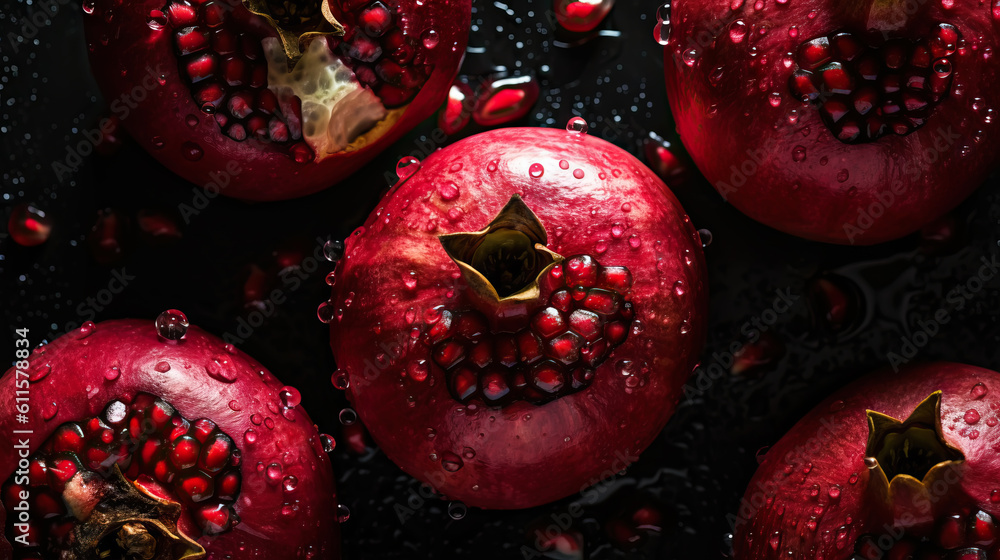 Fresh ripe pomegranades with water drops background. Fruits backdrop. Generative AI