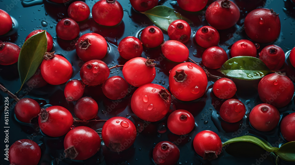 Fresh ripe barberries with water drops background. Berries backdrop. Generative AI