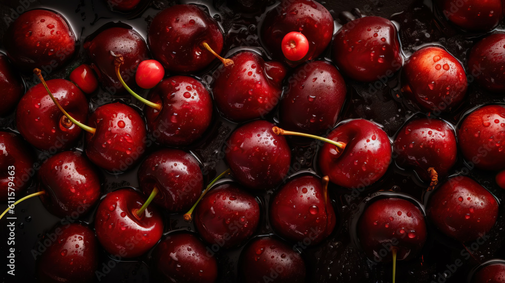 Fresh ripe cherries with water drops background. Berries backdrop. Generative AI