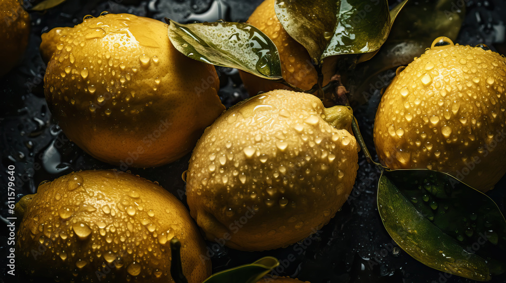 Fresh ripe lemons with water drops background. Fruits backdrop. Generative AI