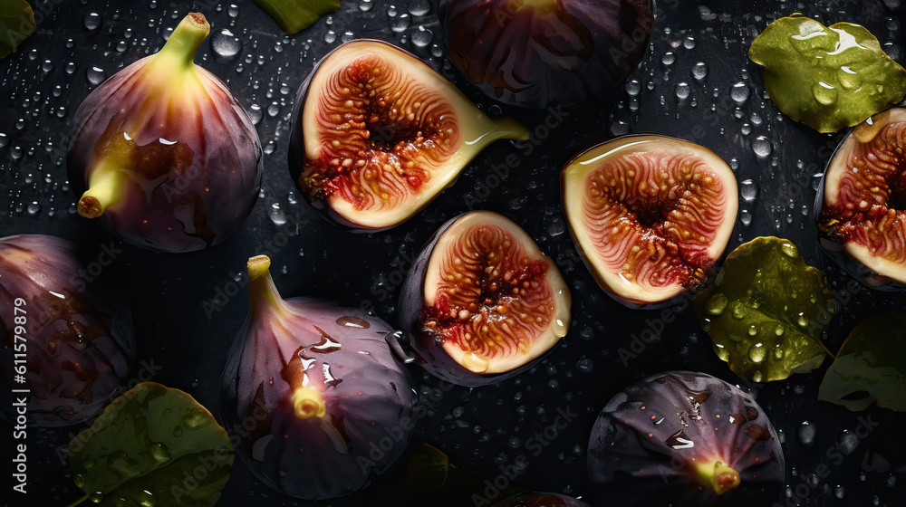 Fresh ripe figs with water drops background. Fruits backdrop. Generative AI