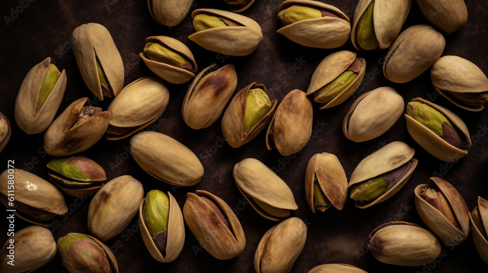 Pistachio background. Nuts. Green fresh inshell pistachios. Generative AI