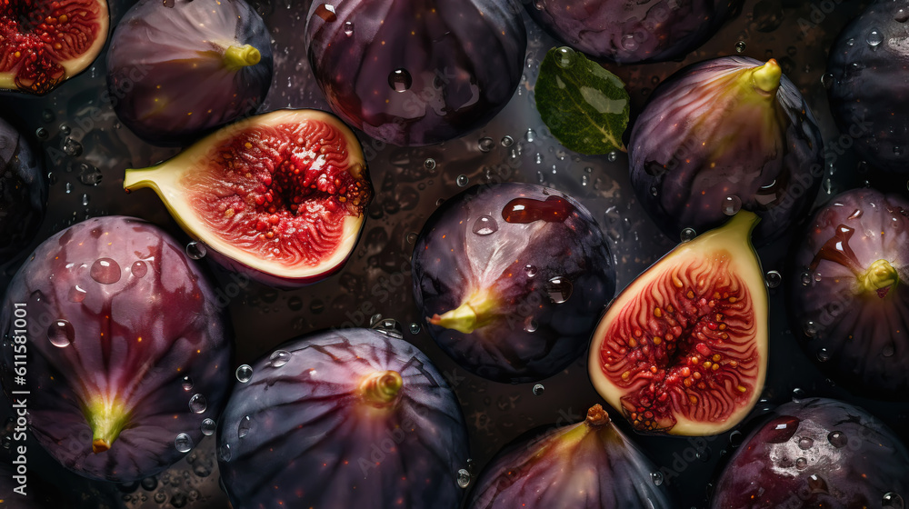 Fresh ripe figs with water drops background. Fruits backdrop. Generative AI