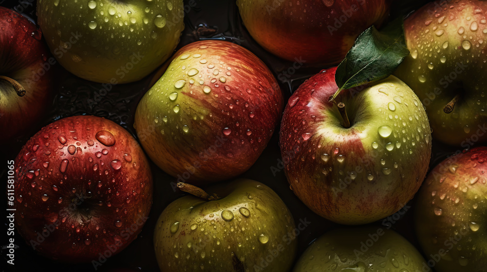 Fresh ripe apples with water drops background. Fruits backdrop. Generative AI