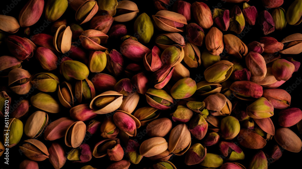 Pistachio background. Nuts. Green fresh inshell pistachios. Generative AI