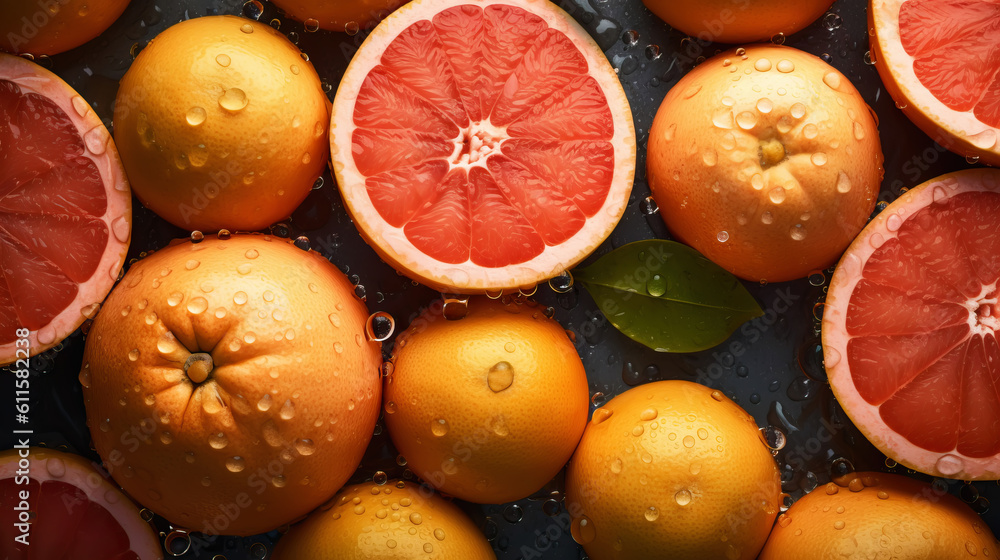 Fresh ripe grapefruits with water drops background. Fruits backdrop. Generative AI