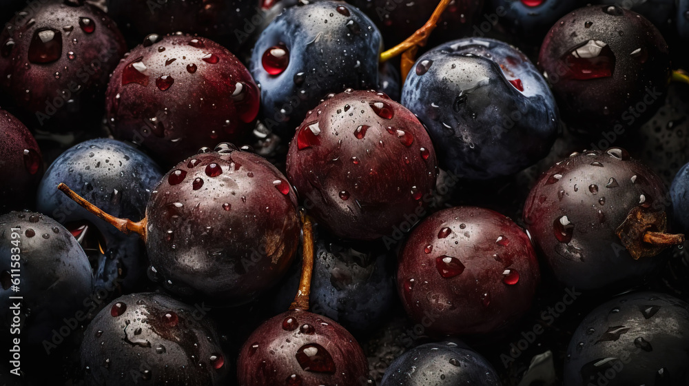 Fresh ripe acai berries with water drops background. Berries backdrop. Generative AI