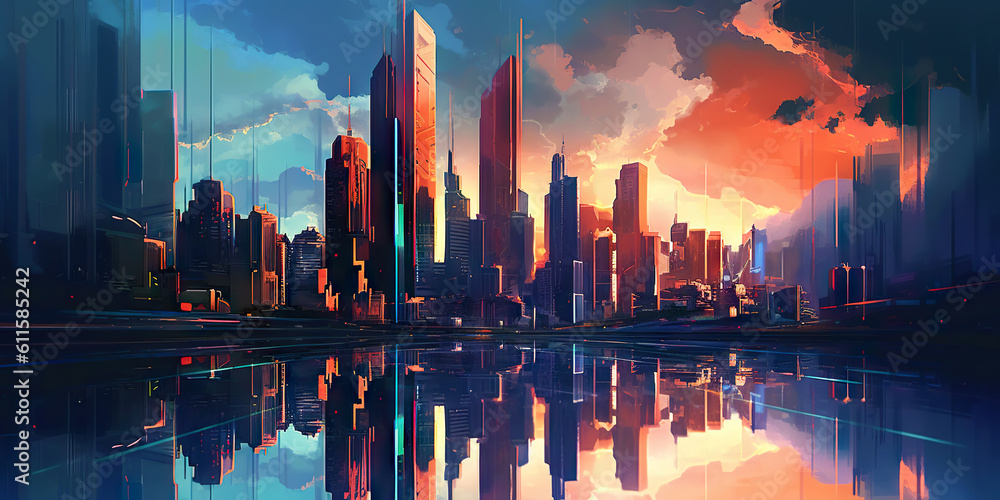 Panoramic cityscape in cyberpunk futuristic style. Towering skyscrapers in neon retrowave colors. Ge