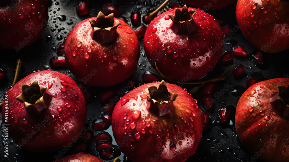 Fresh ripe pomegranades with water drops background. Fruits backdrop. Generative AI