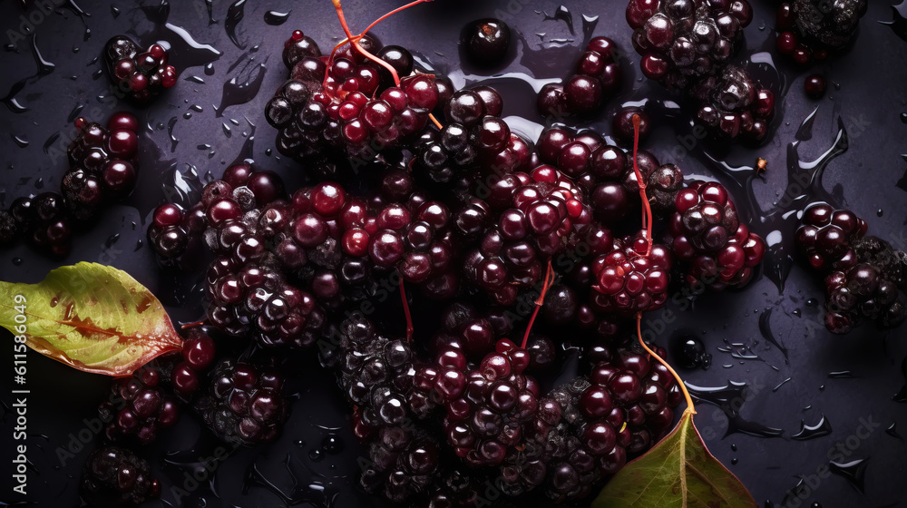 Fresh ripe elderberry with water drops background. Berries backdrop. Generative AI