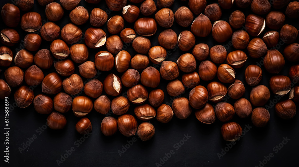 Large group og Hazelnuts. Food background. Generative AI