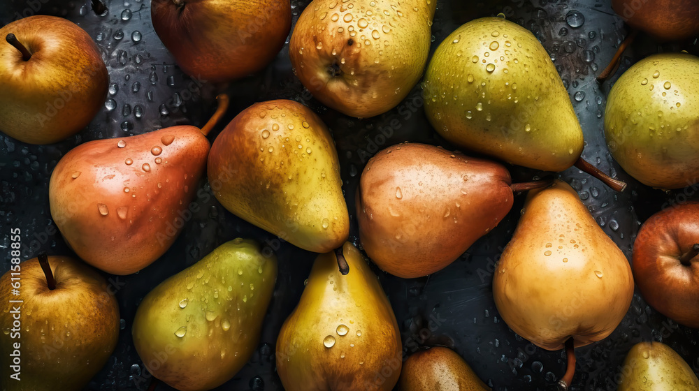 Fresh ripe pears with water drops background. Fruits backdrop. Generative AI