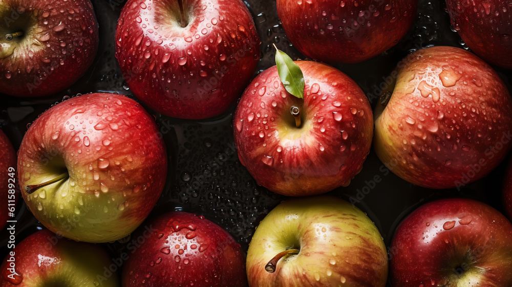 Fresh ripe apples with water drops background. Fruits backdrop. Generative AI