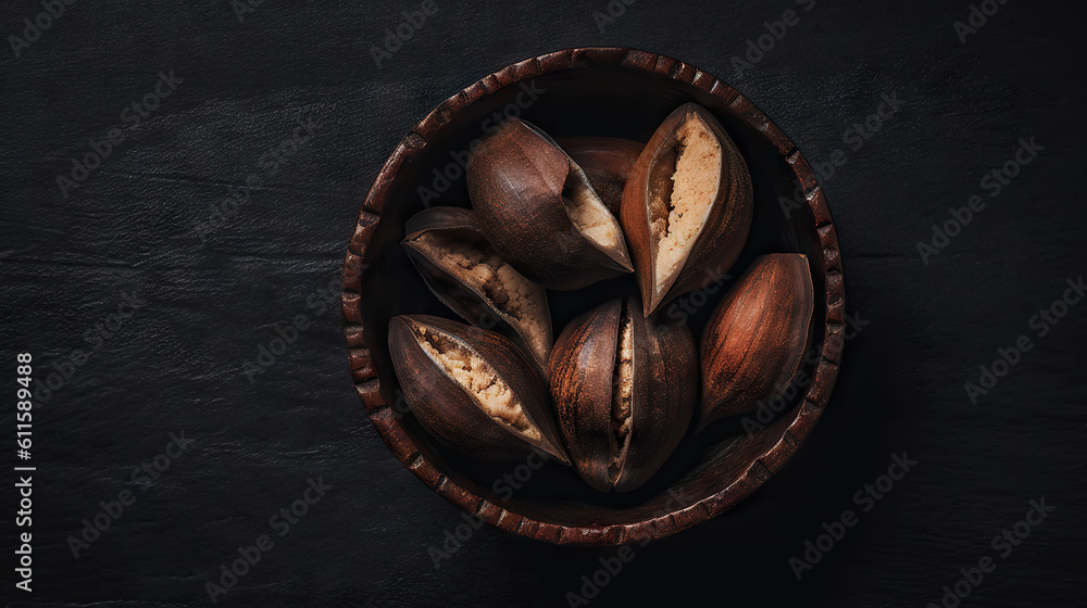 Many delicious Brazil nuts in a bowl on dark background, top view. Generative AI