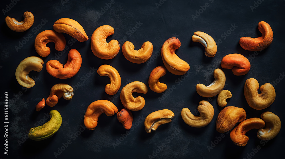 Cashew nuts on dark background. Healthy snack concept. Organic cashew. Generative AI