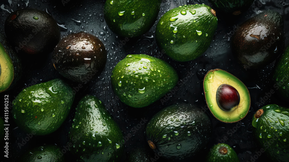 Fresh ripe avocados with water drops background. Fruits backdrop. Generative AI