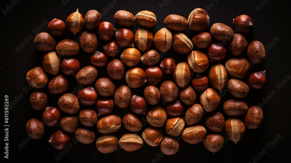 Many dried acorn nuts background. Top view on large group of nuts. Generative AI