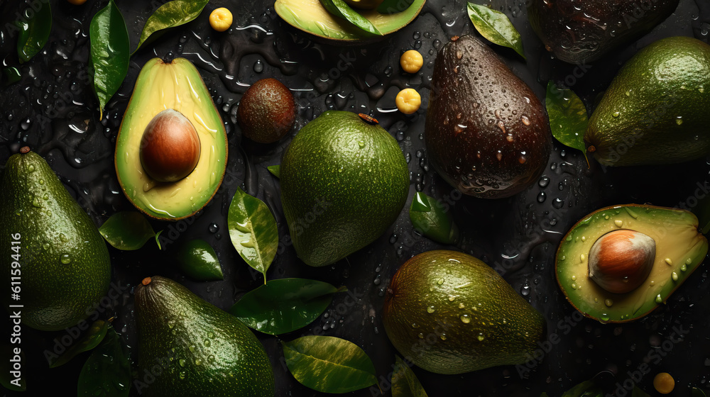 Fresh ripe avocados with water drops background. Fruits backdrop. Generative AI