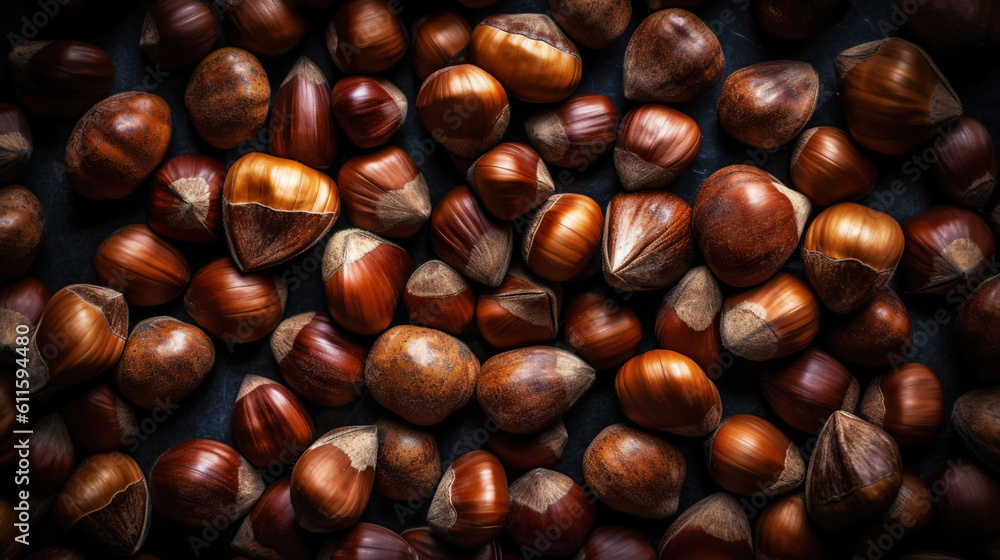 Top view on heap of chestnuts. Pile of ripe chestnuts for food background. Generative AI