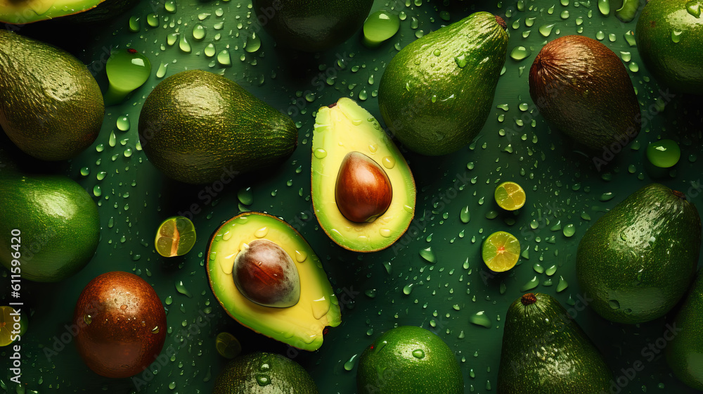 Fresh ripe avocados with water drops background. Fruits backdrop. Generative AI