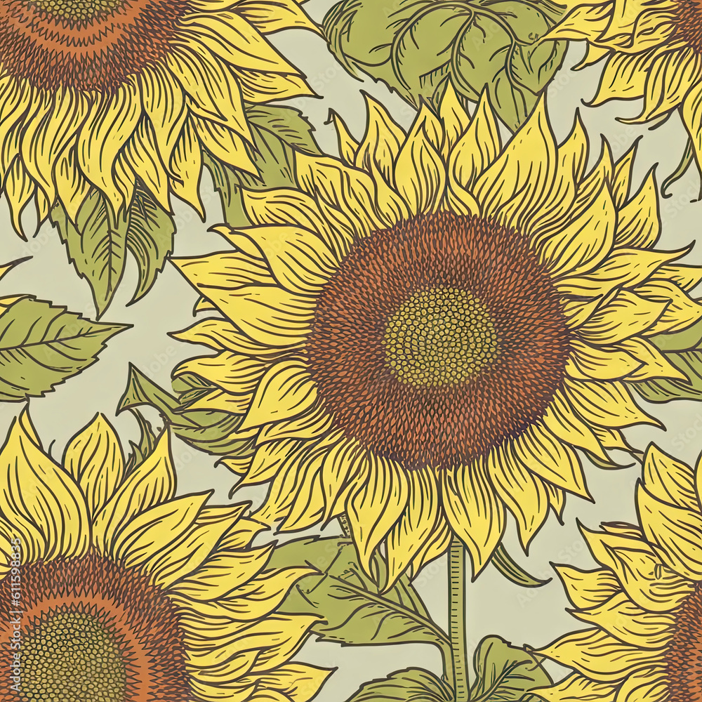 Sunflower flower seamless pattern. Floral seamless background. Generative AI