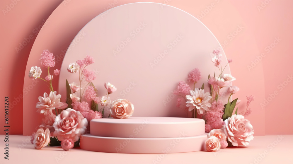 Podium with pink roses on pastel pink background to display products, gift or cosmetics. Generative 