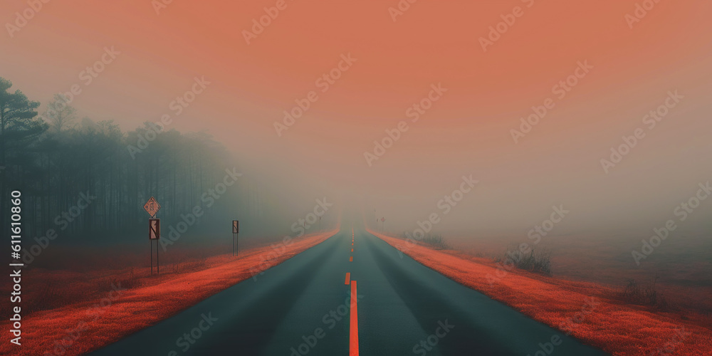 Misty empty road with trees on the side. Foggy highway. Mystery travel concept. Generative AI