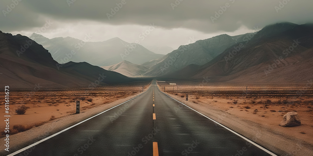 Minimalistic empty highway in desert. Travel concept. Generative AI