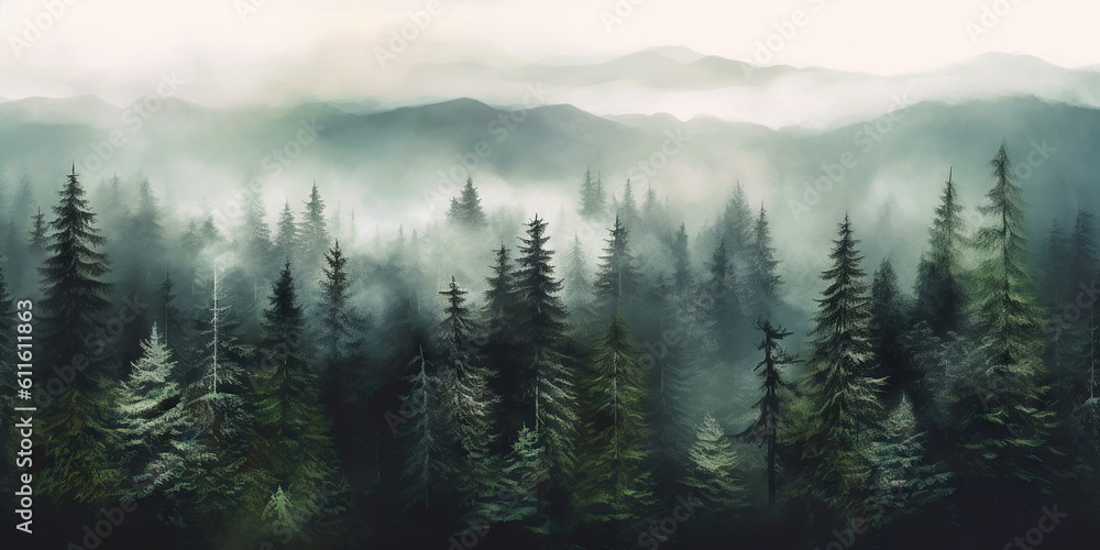 Misty landscape with fir forest in vintage retro style. Generative AI