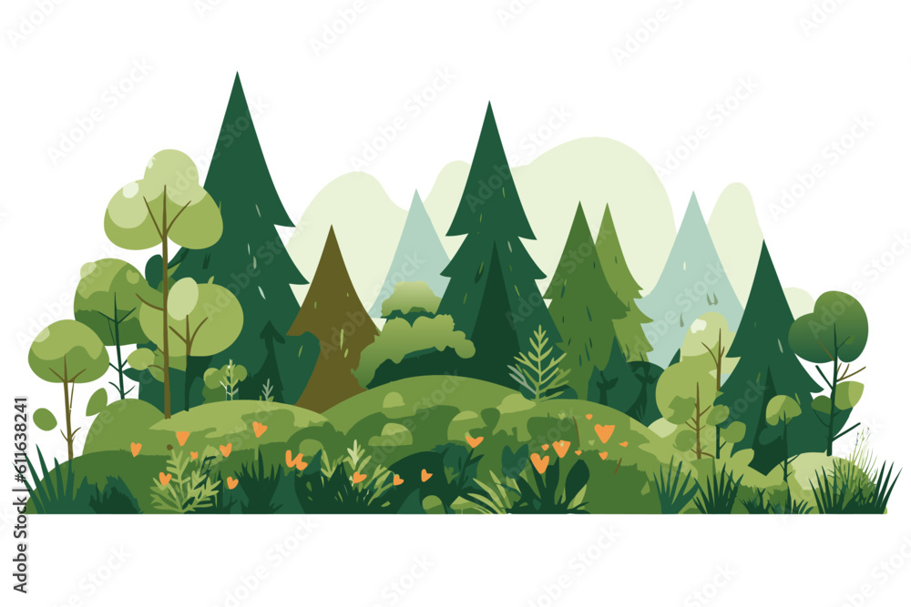 Forrest landscape with grass and lots of trees, nature inspired vector illustration 