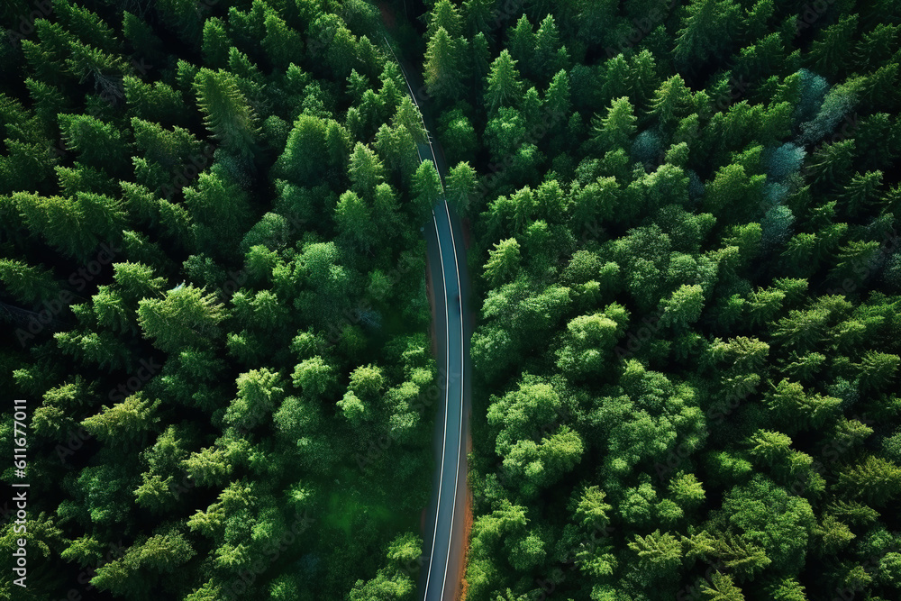 Aerial photography of forest trees and road surfaces