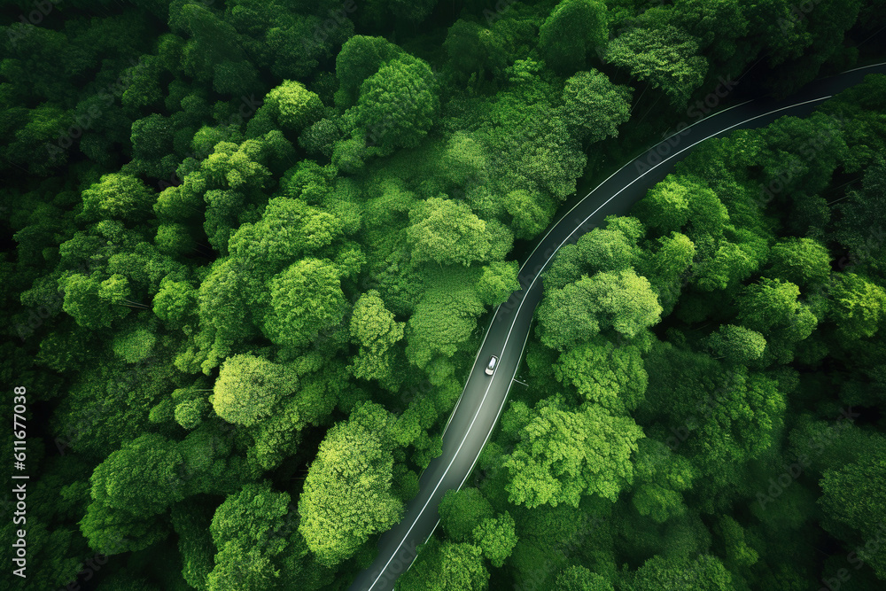 Aerial photography of forest trees and road surfaces