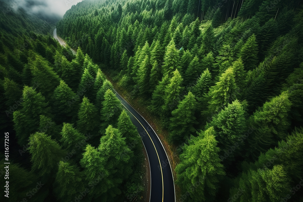 Aerial photography of forest trees and road surfaces