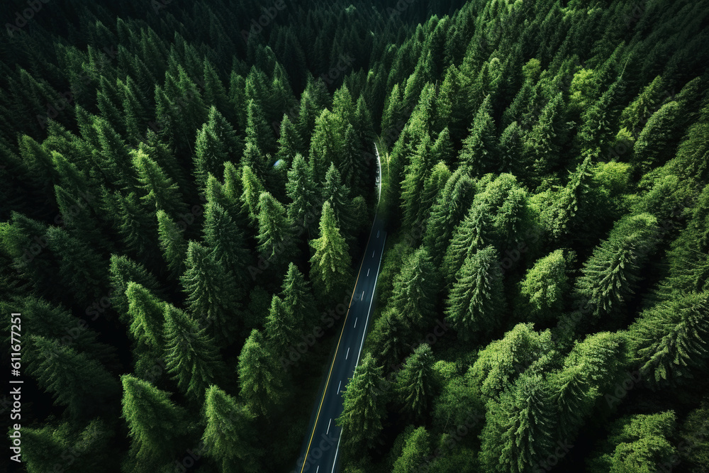 Aerial photography of forest trees and road surfaces