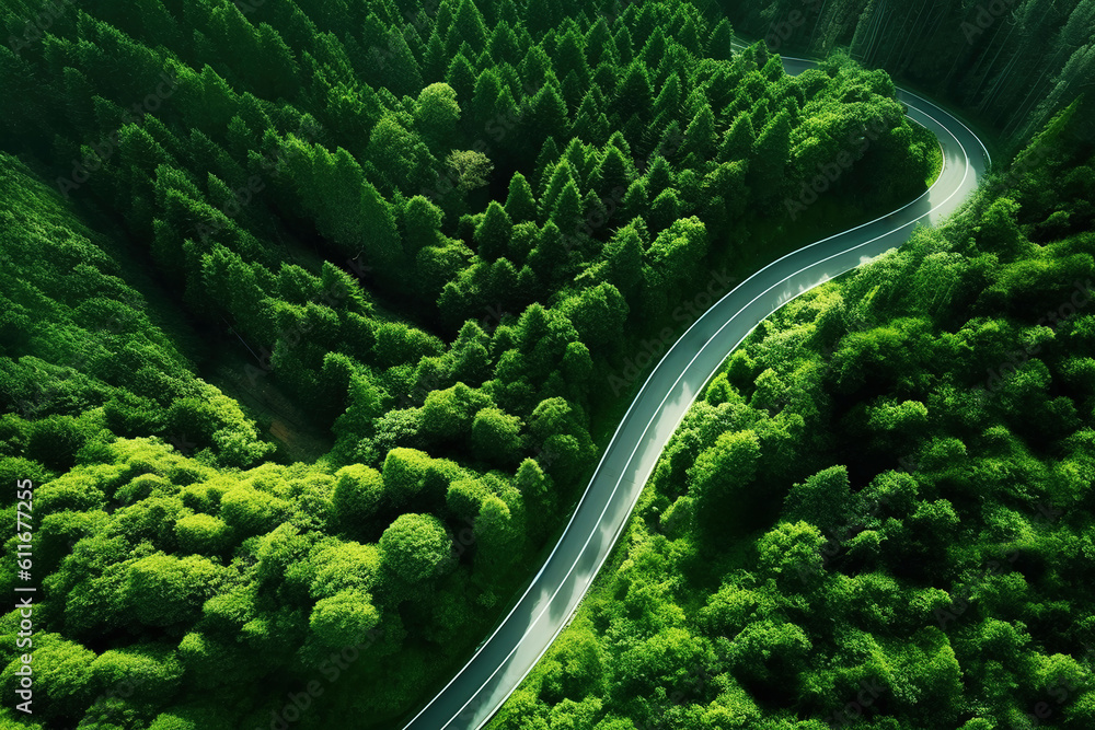 Aerial photography of forest trees and road surfaces