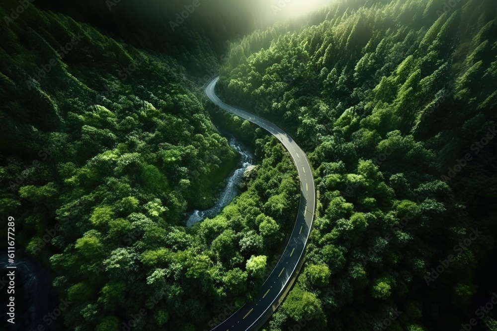 Aerial photography of forest trees and road surfaces