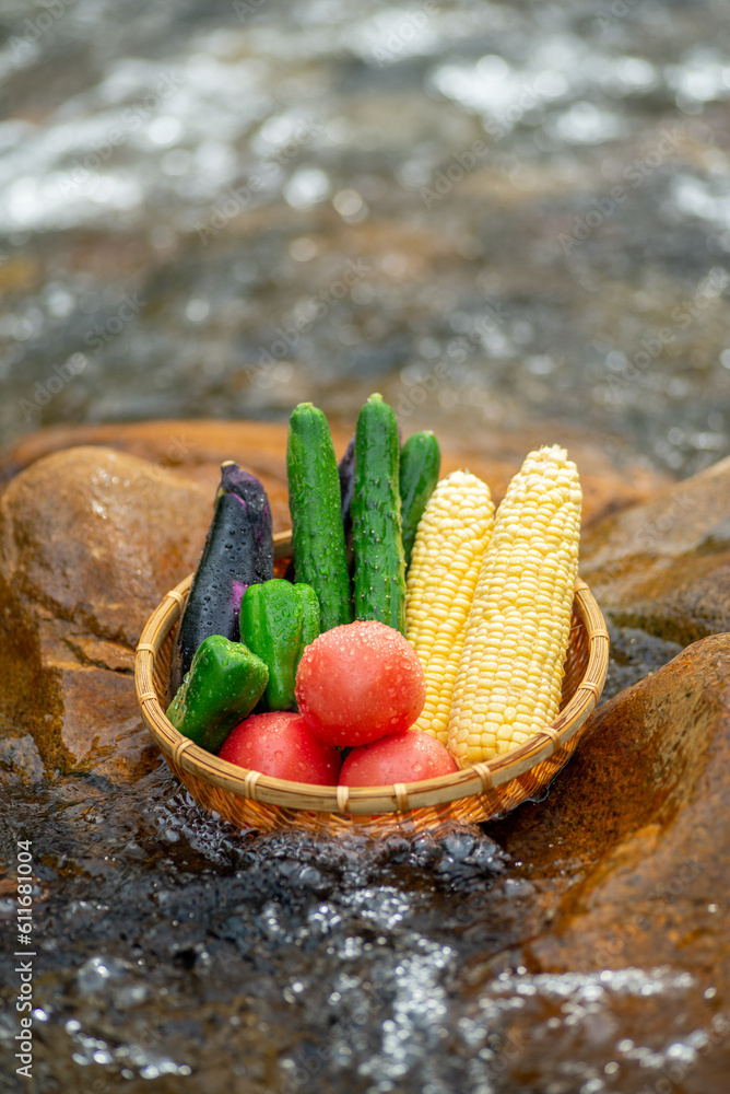 清流とザルに入れた夏野菜