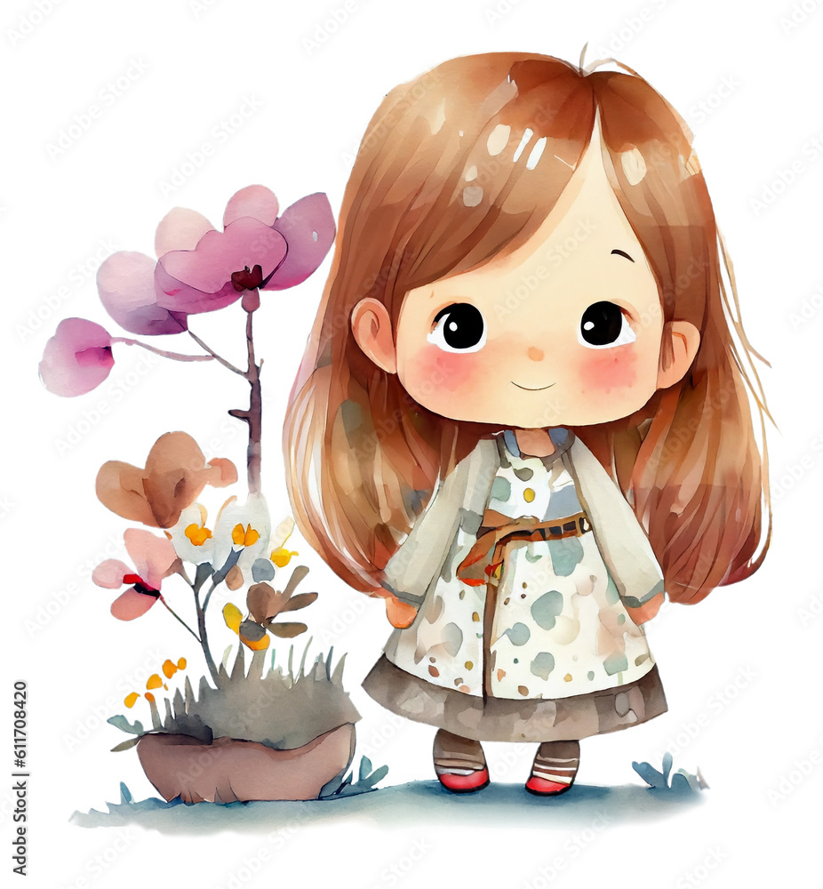 Cartoon happy girl standing outdoor standing next to a flowering plant in a pot. Watercolor illustra