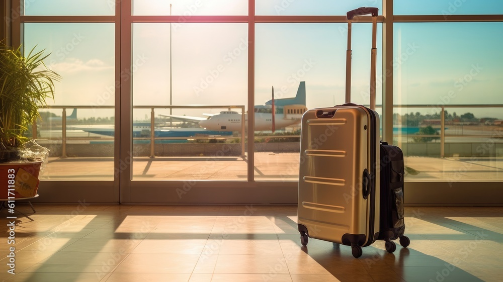 Suitcases in airport, airport hall, airplanes in the background. Generative AI