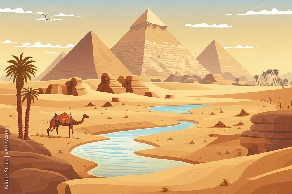 camel trekking through a desert landscape with pyramids in the background. Generative AI