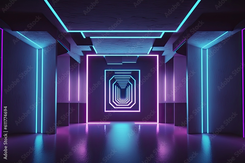 empty room with neon lights and a door. Generative AI