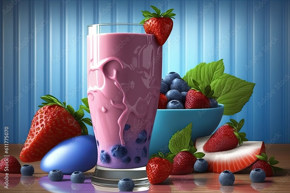 healthy breakfast with milk, strawberries, and blueberries on a wooden table. Generative AI